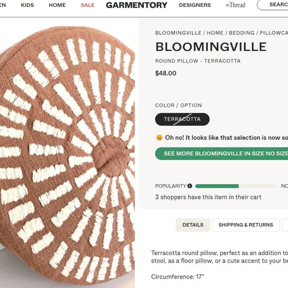 BLOOMINGVILLE ROUND PILLOW- TERRACOTTA - Picture 2 of 2